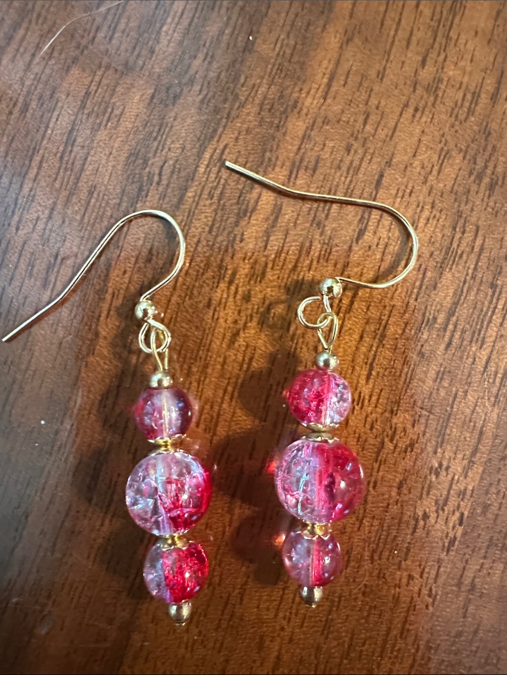 Gold Hook Pinkish Red & Clear Glass Bead Dangle Earrings